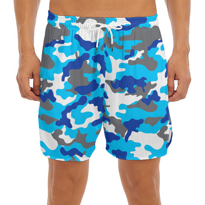 Blue Snow Camouflage Print Men's Split Running Shorts