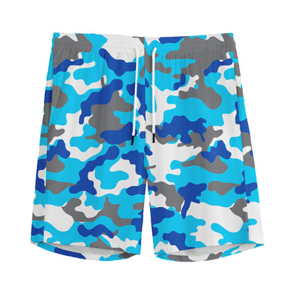 Blue Snow Camouflage Print Men's Sports Shorts