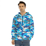Blue Snow Camouflage Print Men's Velvet Pullover Hoodie