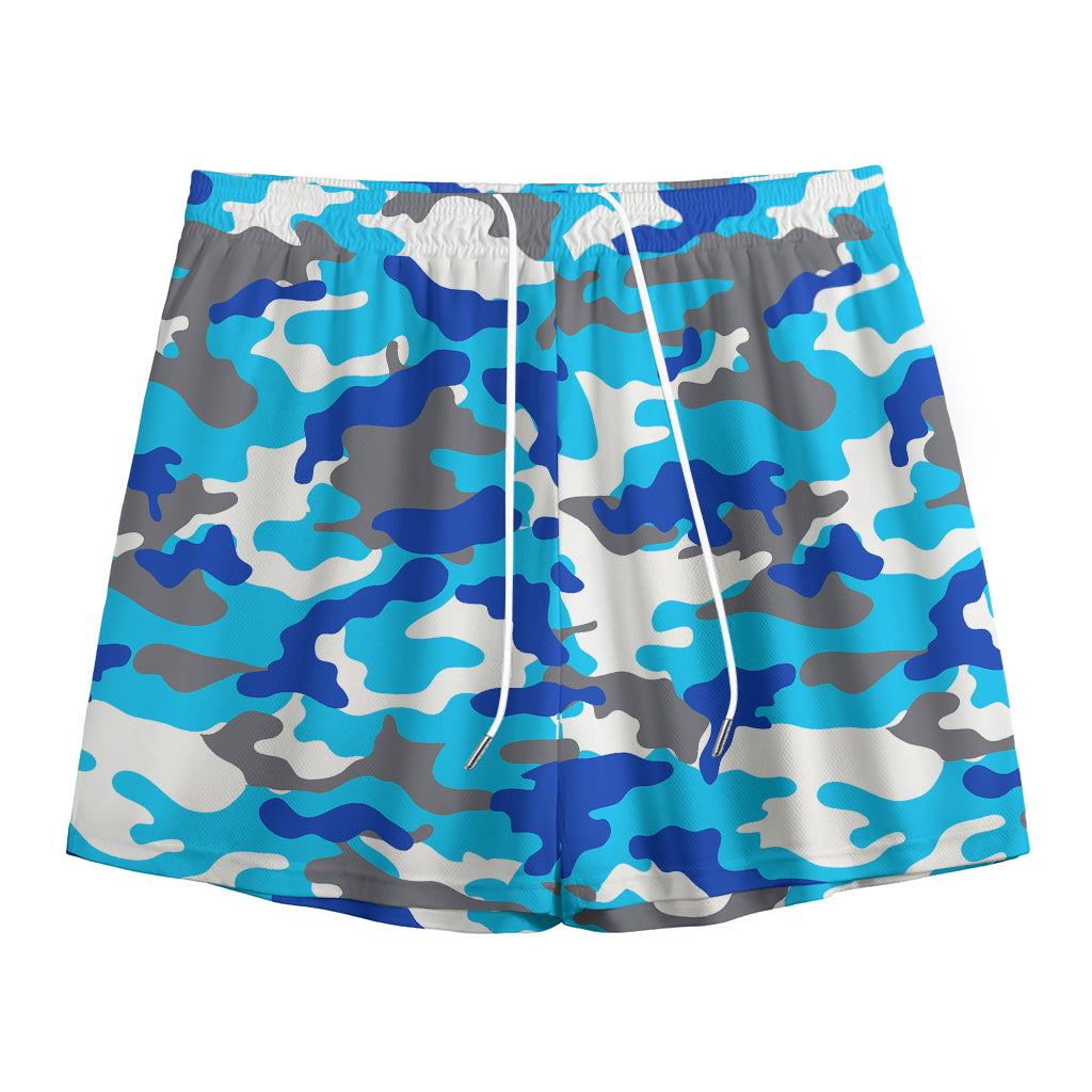 Blue Snow Camouflage Print Mesh Shorts