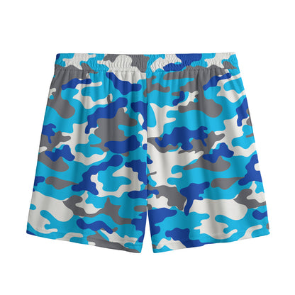 Blue Snow Camouflage Print Mesh Shorts