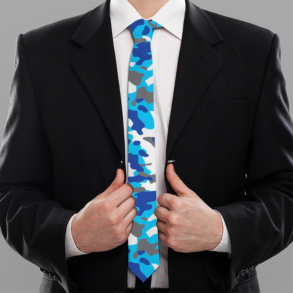 Blue Snow Camouflage Print Necktie