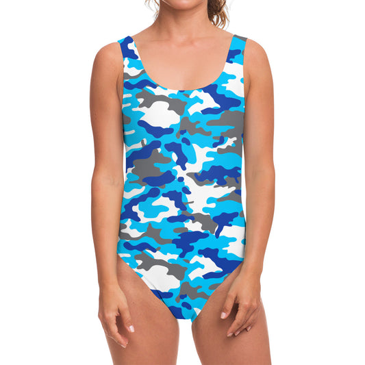 Blue Snow Camouflage Print One Piece Swimsuit