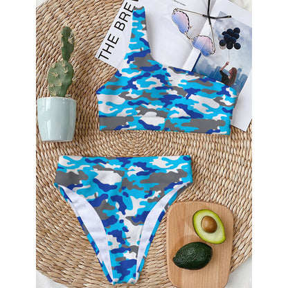 Blue Snow Camouflage Print One Shoulder Bikini Top