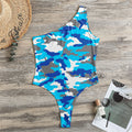 Blue Snow Camouflage Print One Shoulder Bodysuit