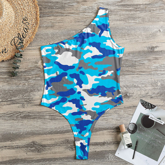 Blue Snow Camouflage Print One Shoulder Bodysuit