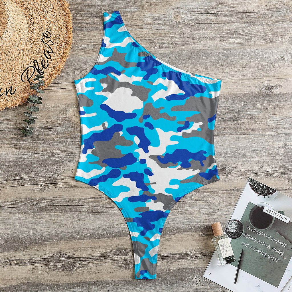 Blue Snow Camouflage Print One Shoulder Bodysuit