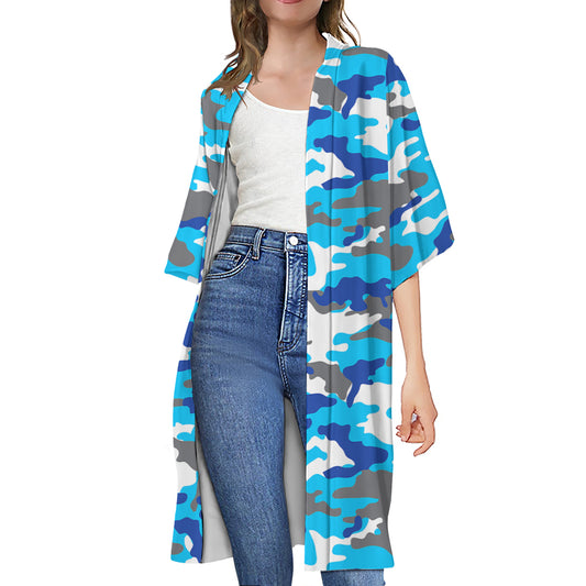 Blue Snow Camouflage Print Open Front Beach Cover Up