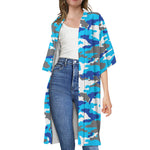 Blue Snow Camouflage Print Open Front Beach Cover Up