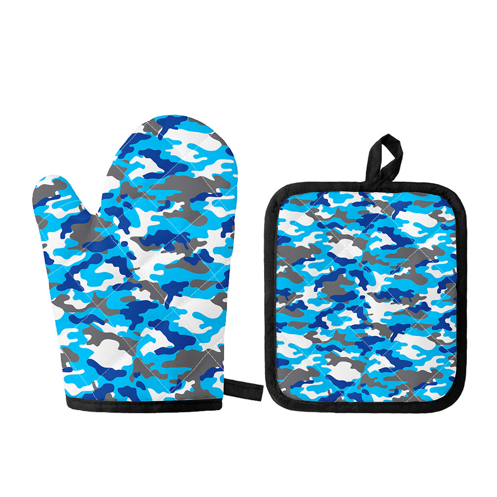 Blue Snow Camouflage Print Oven Mitt And Pot Holder Set