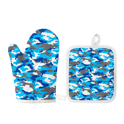 Blue Snow Camouflage Print Oven Mitt And Pot Holder Set
