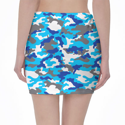 Blue Snow Camouflage Print Pencil Mini Skirt