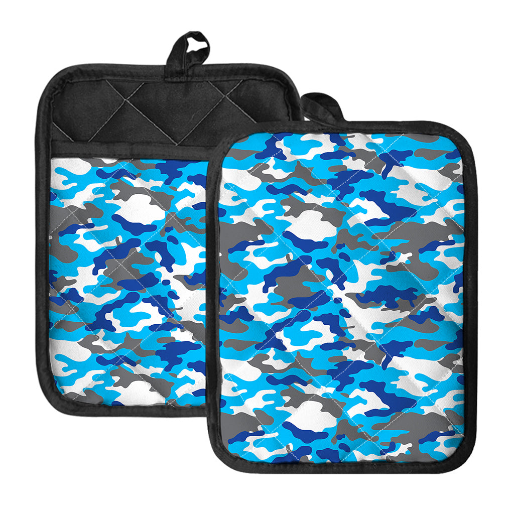 Blue Snow Camouflage Print Pot Holders With Pocket