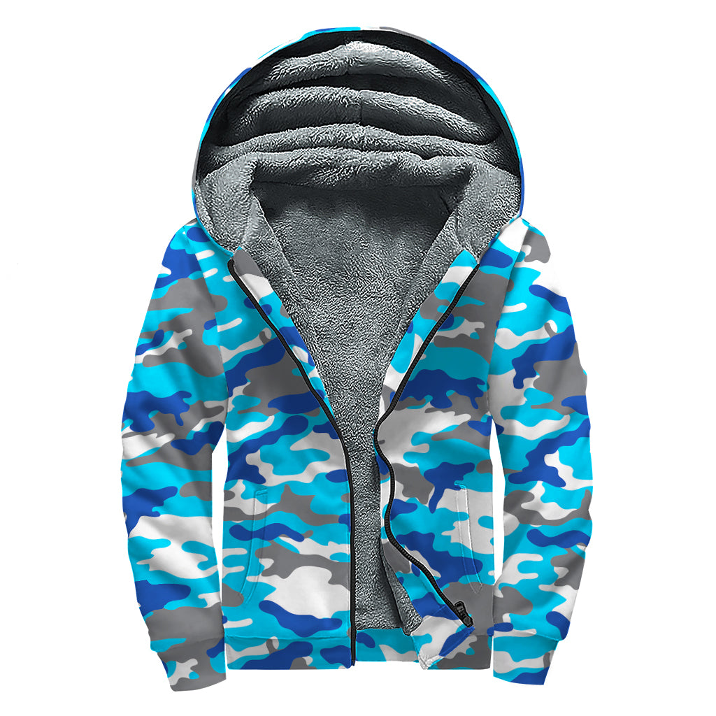 Blue Snow Camouflage Print Sherpa Lined Zip Up Hoodie