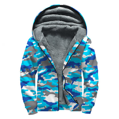 Blue Snow Camouflage Print Sherpa Lined Zip Up Hoodie