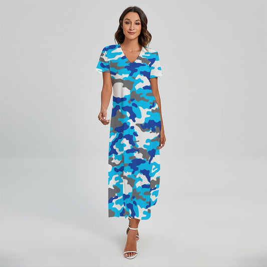 Blue Snow Camouflage Print Short Sleeve Maxi Dress