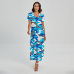 Blue Snow Camouflage Print Short Sleeve Maxi Dress