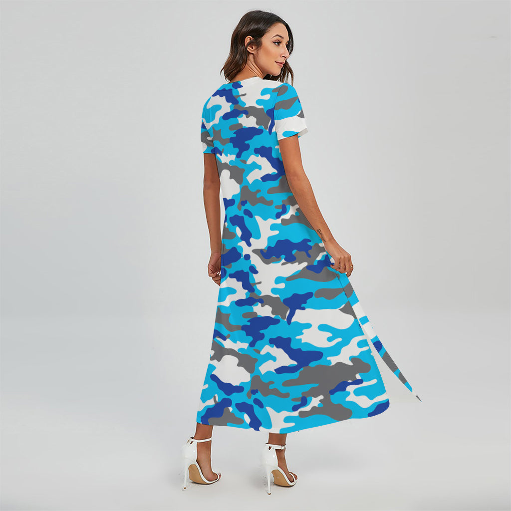 Blue Snow Camouflage Print Short Sleeve Maxi Dress