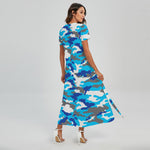 Blue Snow Camouflage Print Short Sleeve Maxi Dress