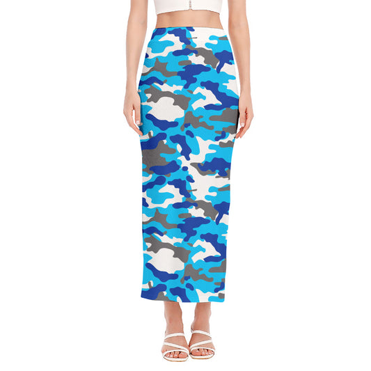 Blue Snow Camouflage Print Side Slit Maxi Skirt