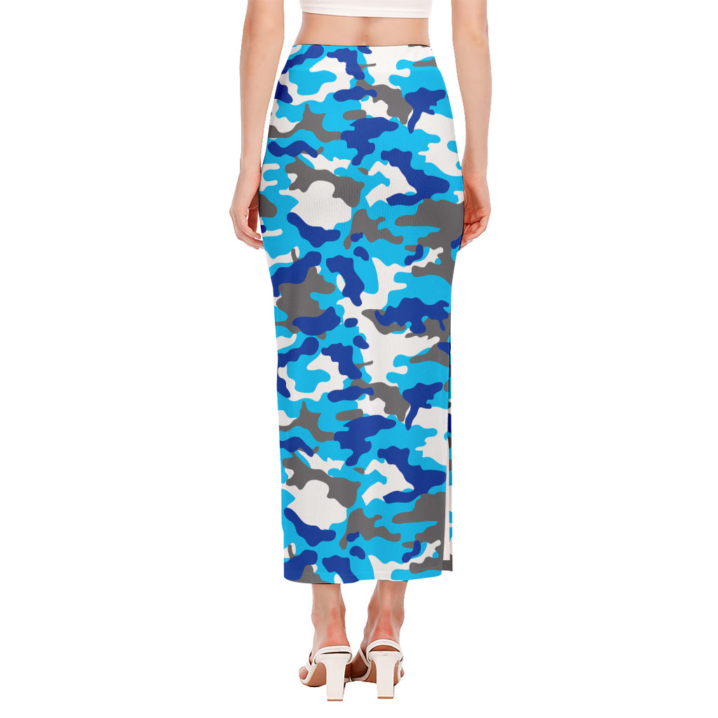 Blue Snow Camouflage Print Side Slit Maxi Skirt