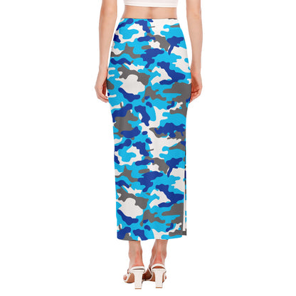 Blue Snow Camouflage Print Side Slit Maxi Skirt