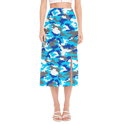 Blue Snow Camouflage Print Side Slit Midi Skirt