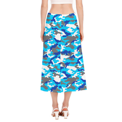 Blue Snow Camouflage Print Side Slit Midi Skirt