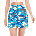 Blue Snow Camouflage Print Side Slit Mini Skirt
