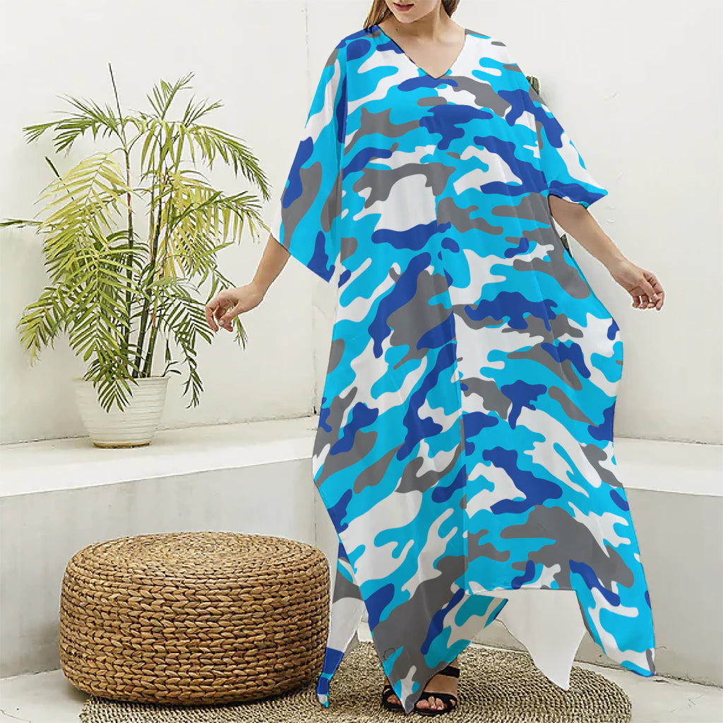 Blue Snow Camouflage Print Silk V-Neck Kaftan Dress