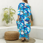 Blue Snow Camouflage Print Silk V-Neck Kaftan Dress