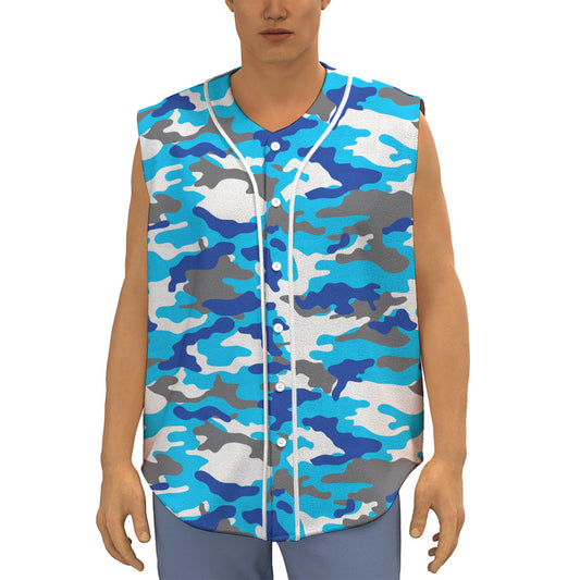 Blue Snow Camouflage Print Sleeveless Baseball Jersey