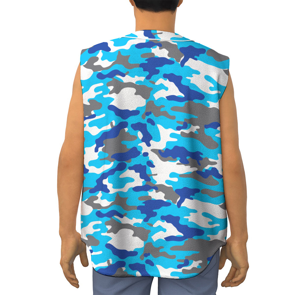 Blue Snow Camouflage Print Sleeveless Baseball Jersey