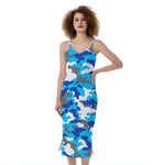 Blue Snow Camouflage Print Slim Fit Midi Cami Dress