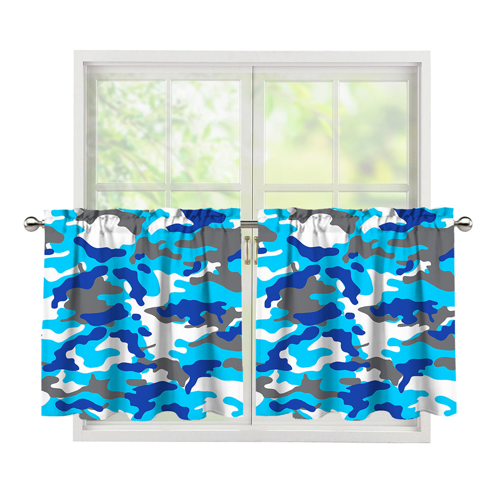 Blue Snow Camouflage Print Tier Curtains