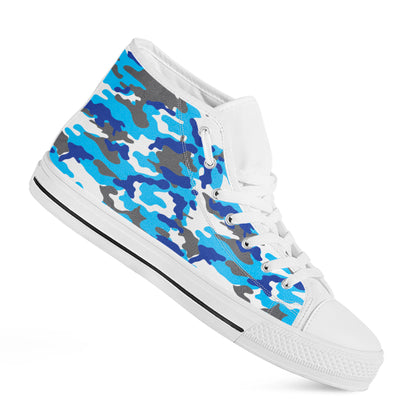 Blue Snow Camouflage Print White High Top Sneakers
