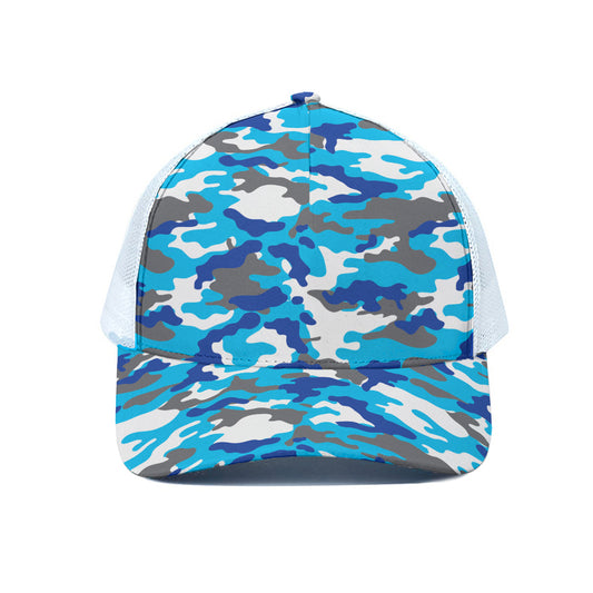 Blue Snow Camouflage Print White Mesh Trucker Cap