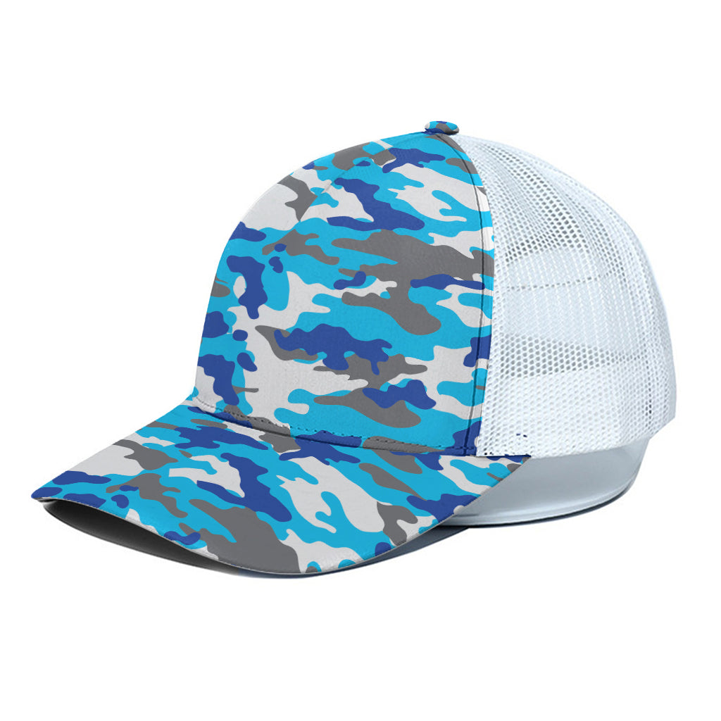 Blue Snow Camouflage Print White Mesh Trucker Cap