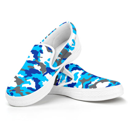 Blue Snow Camouflage Print White Slip On Sneakers