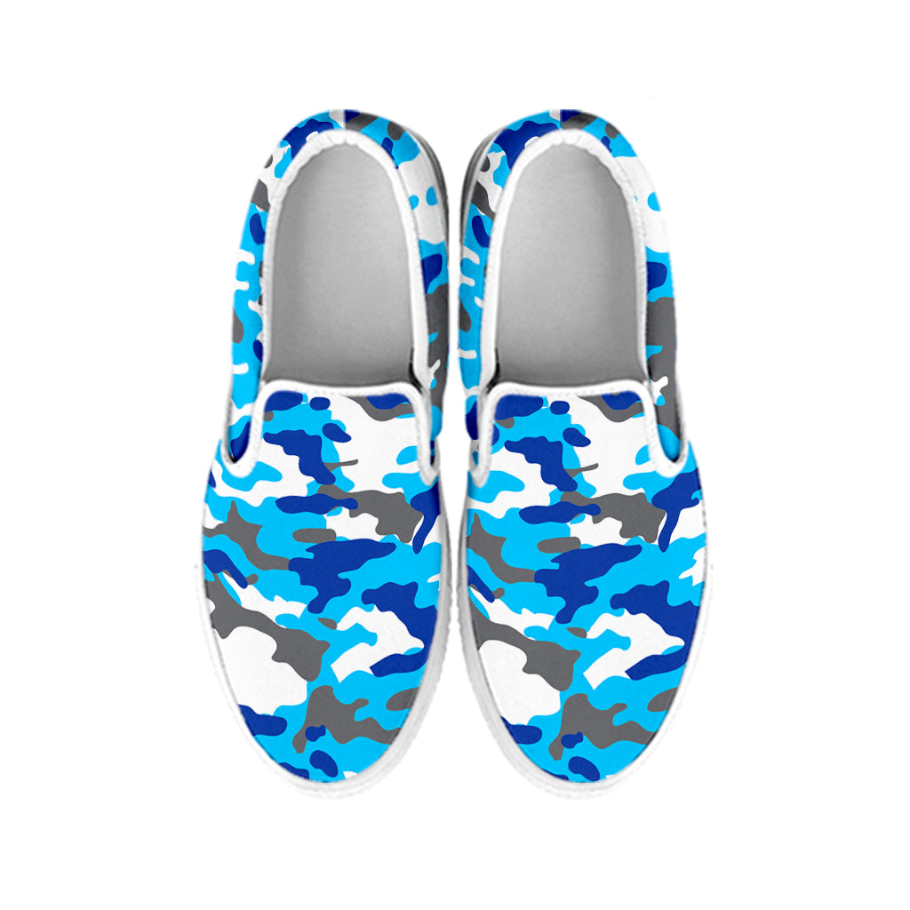 Blue Snow Camouflage Print White Slip On Sneakers