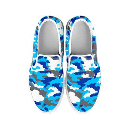 Blue Snow Camouflage Print White Slip On Sneakers