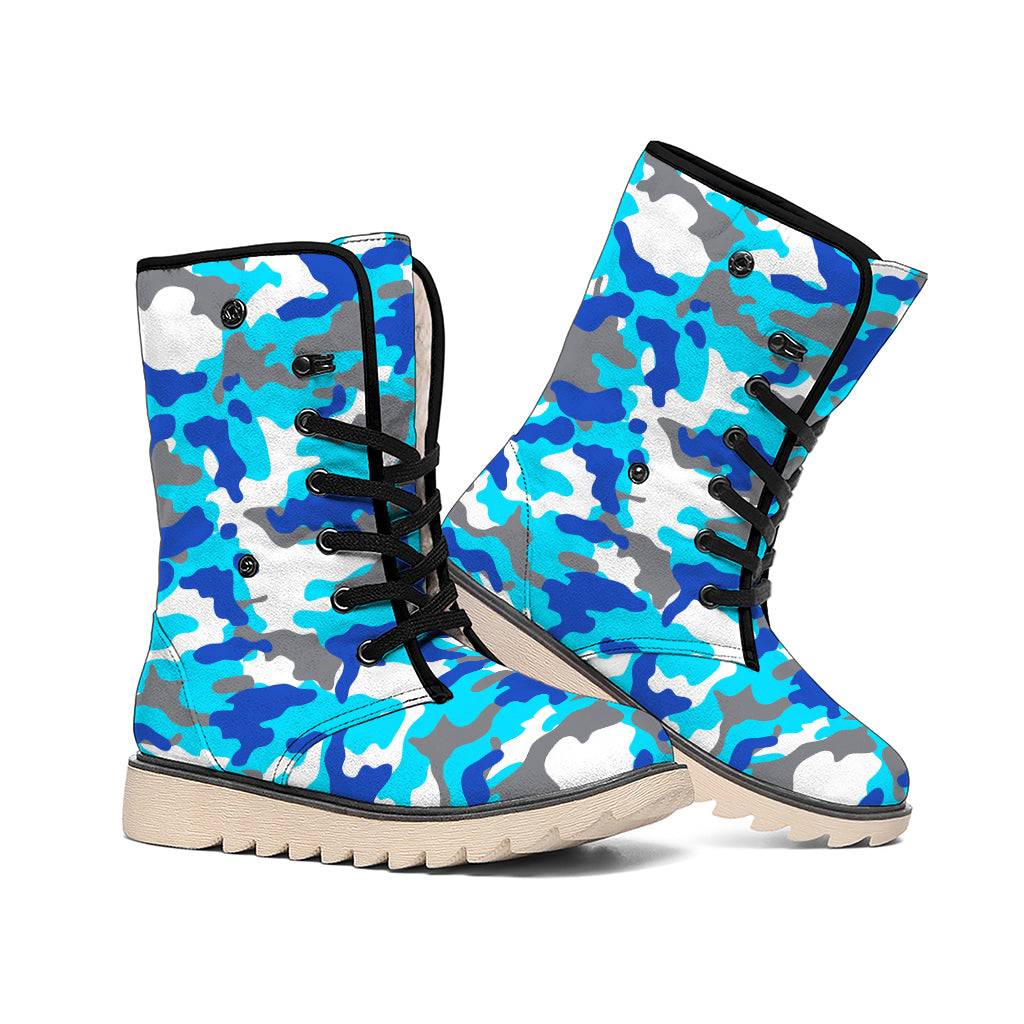 Blue Snow Camouflage Print Winter Boots