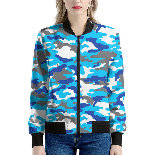 Blue Snow Camouflage Print Women's Bomber Jacket