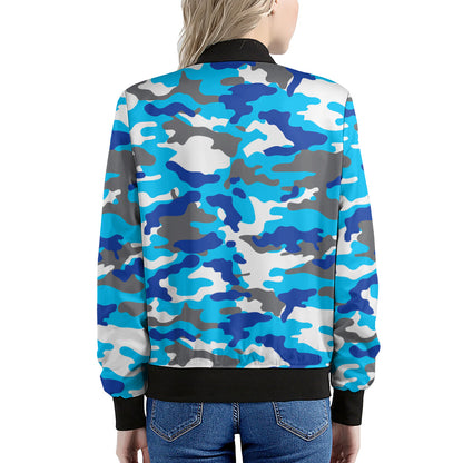 Blue Snow Camouflage Print Women's Bomber Jacket