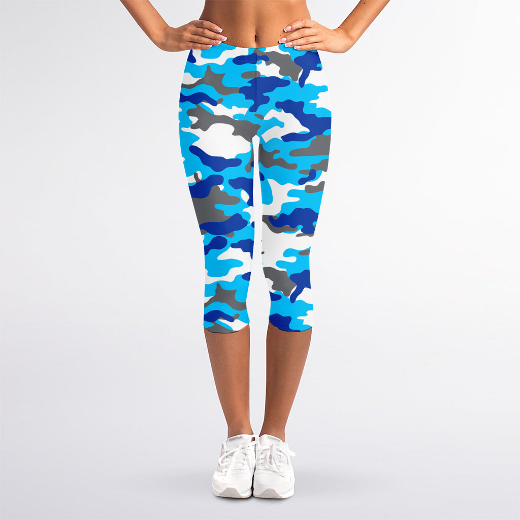 Blue Snow Camouflage Print Women's Capri Leggings