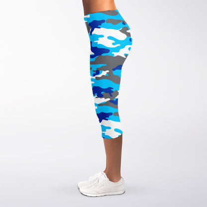 Blue Snow Camouflage Print Women's Capri Leggings