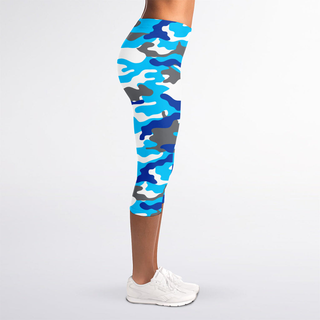 Blue Snow Camouflage Print Women's Capri Leggings