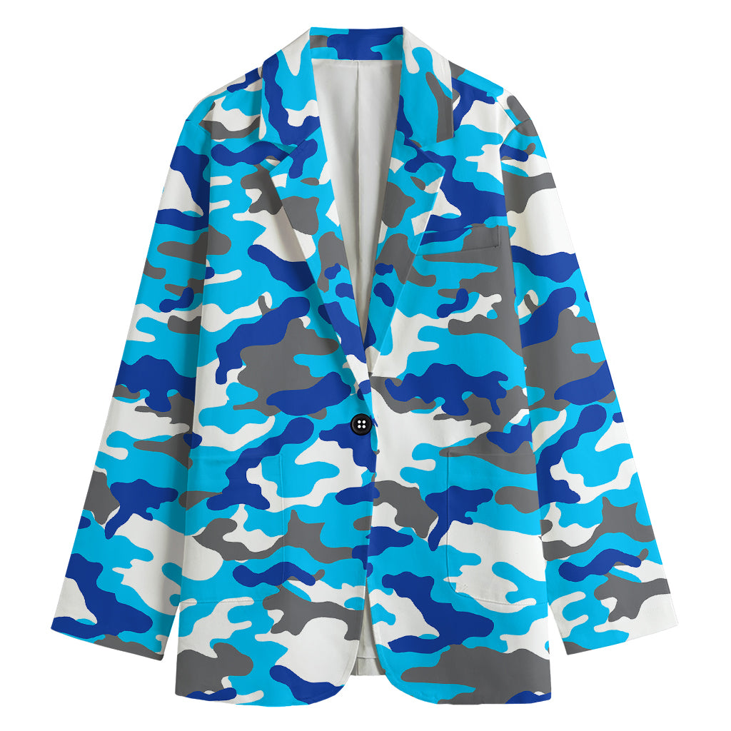 Blue Snow Camouflage Print Women's Cotton Blazer
