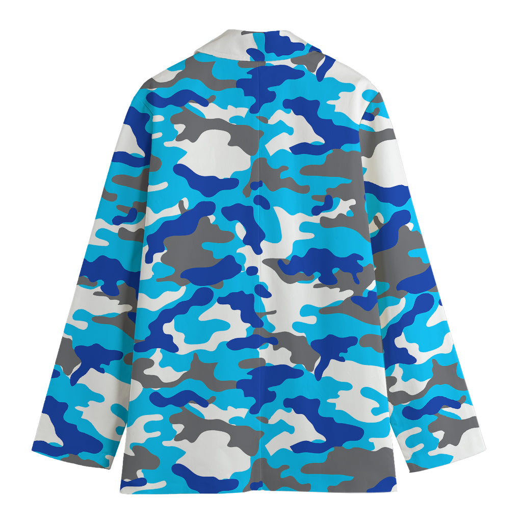 Blue Snow Camouflage Print Women's Cotton Blazer