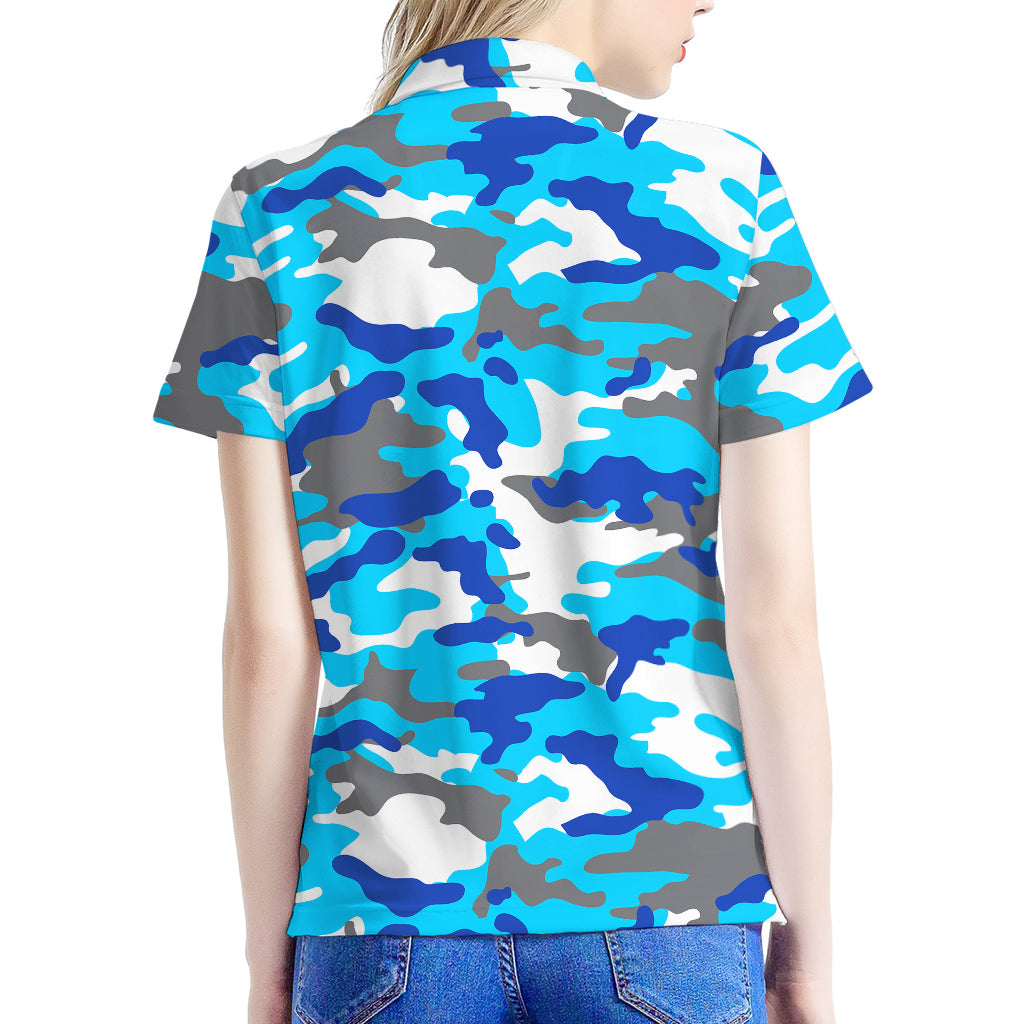 Blue Snow Camouflage Print Women's Polo Shirt